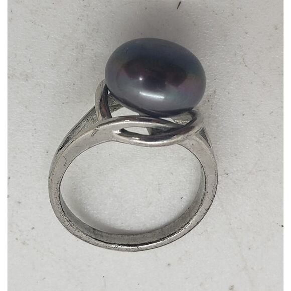 Vintage Genuine Gray Peacock Pearl Ring Size 8 Silver Plated HUGE Iridescent - Picture 9 of 11
